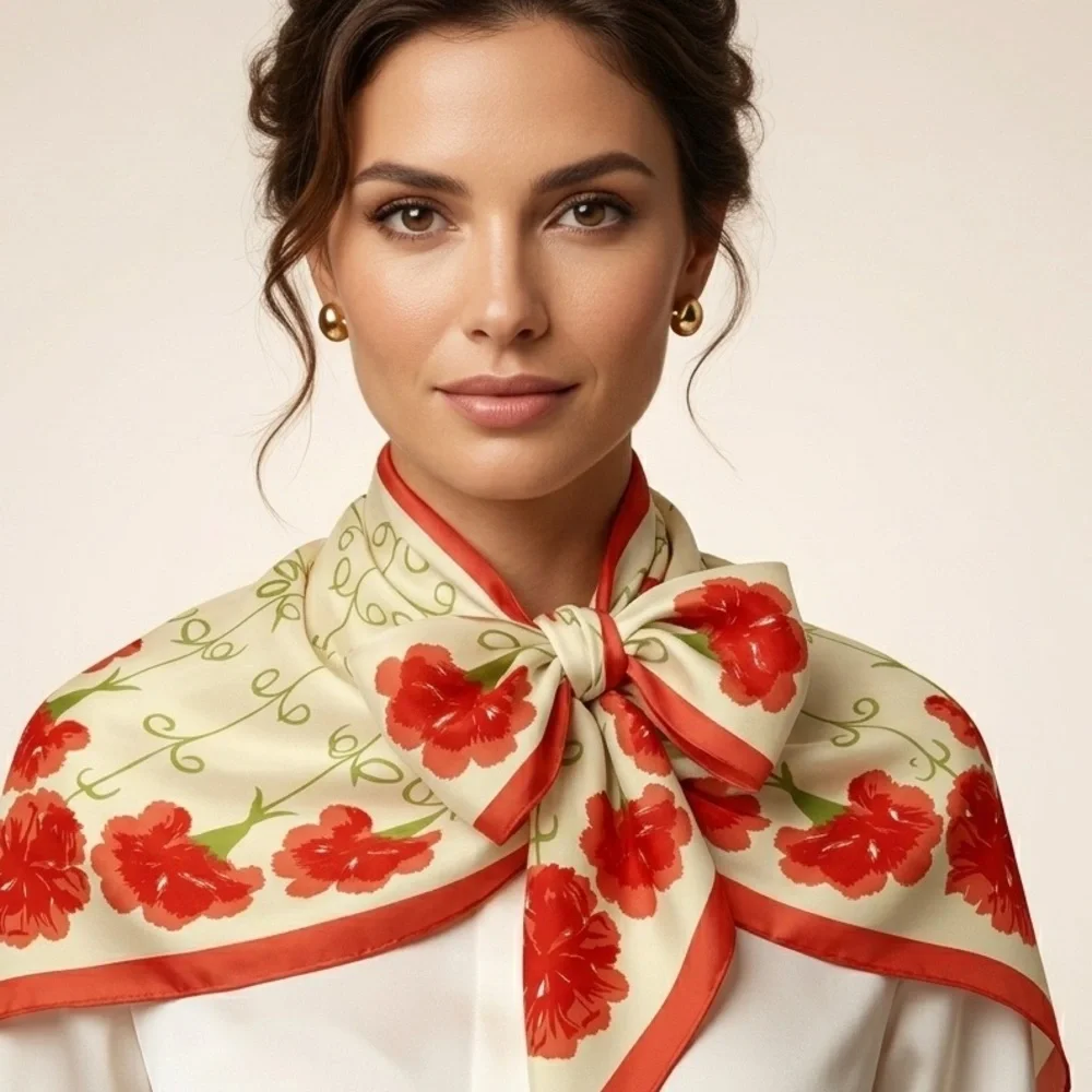 Vera Vintage Pure Silk Hand-Rolled Hem Carnation Scarf Luxury Designer Floral - Picture 2 of 5
